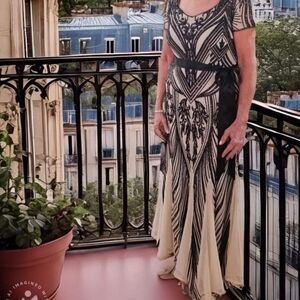 R & M Richards Black and Cream Beaded Evening Gown